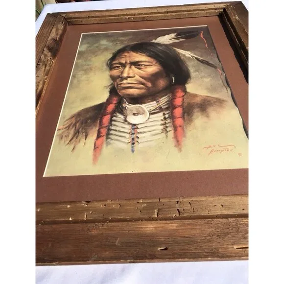 Vtg 70s BILL HAMPTON Art Print Native American Indian Western Framed 25x21 - Picture 5 of 15